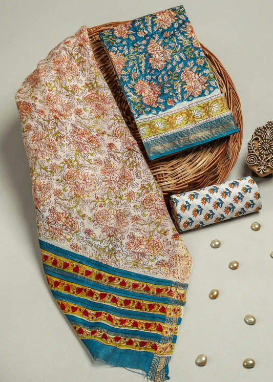 Hand Block Printed Maheshwari Silk Suit with Maheshwari Silk Dupatta