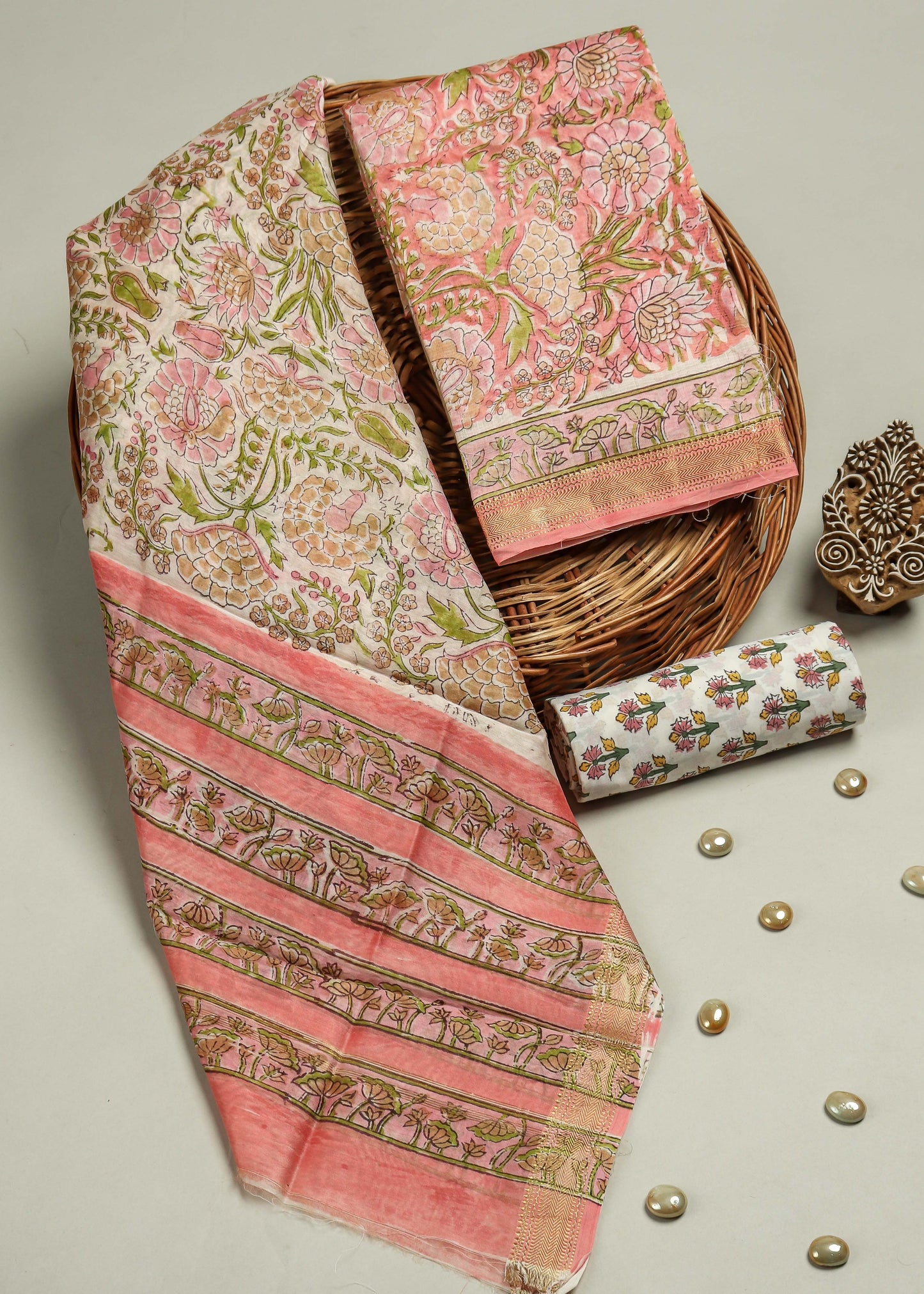 Hand Block Printed Maheshwari Silk Suit with Maheshwari Silk Dupatta