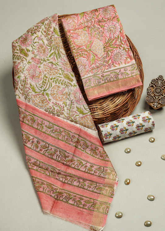 Hand Block Printed Maheshwari Silk Suit with Maheshwari Silk Dupatta