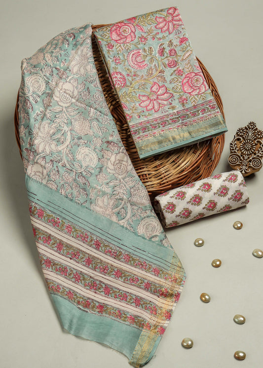 Hand Block Printed Maheshwari Silk Suit with Maheshwari Silk Dupatta.