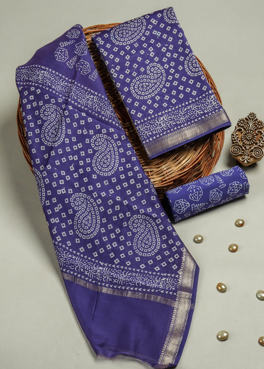 Hand Block Printed Maheshwari Silk Suit with Maheshwari Silk Dupatta