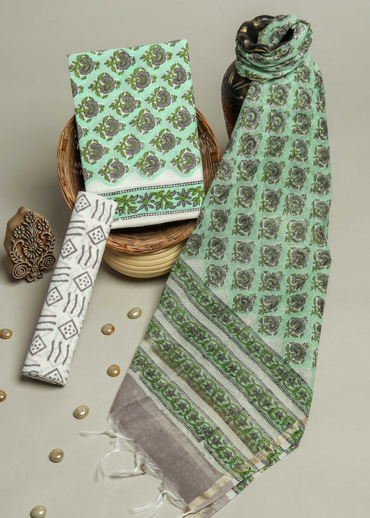 Hand Block Printed Cotton Suit with Chanderi Dupatta