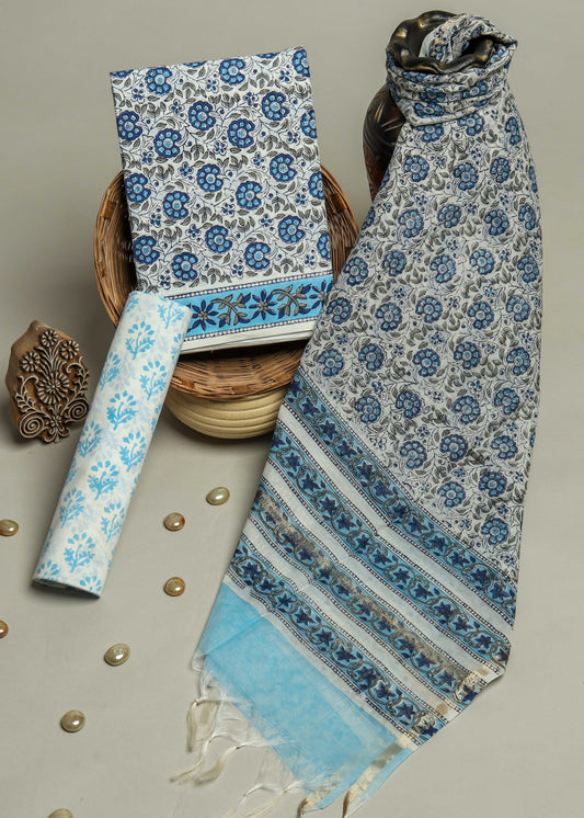 Hand Block Printed Cotton Suit with Chanderi Dupatta