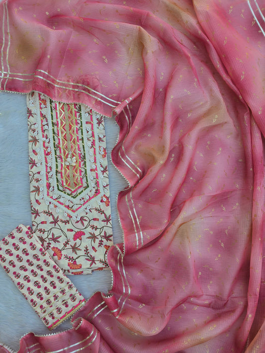 JAIPURI PRINTED GOTA LACE NECK WORK SUITS WITH KOTA DORIA DUPATTA