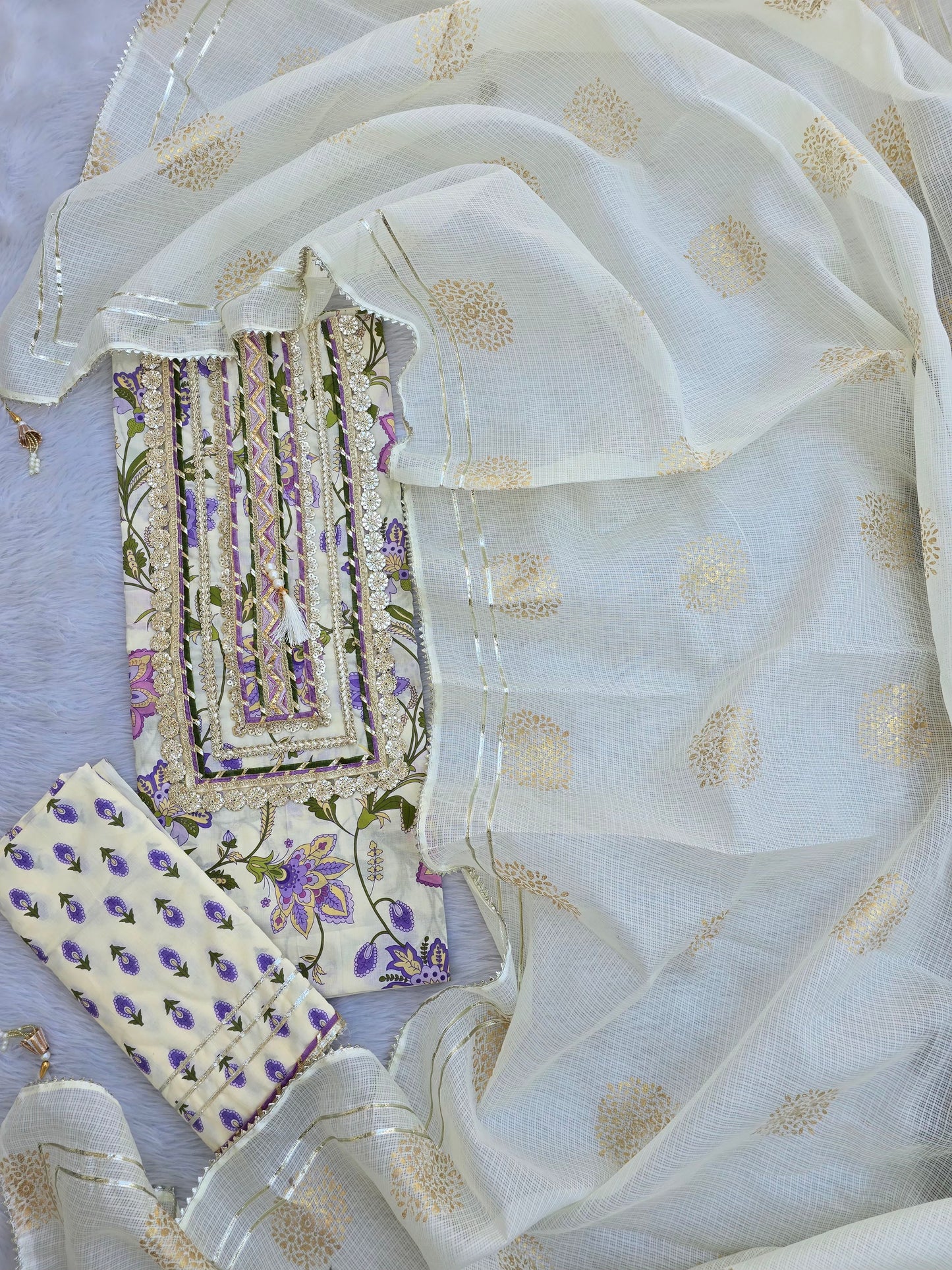 JAIPURI PRINTED GOTA LACE NECK WORK SUITS WITH KOTA DORIA DUPATTA