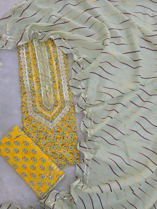 JAIPURI PRINTED GOTA LACE NECK WORK SUITS WITH KOTA DORIA DUPATTA