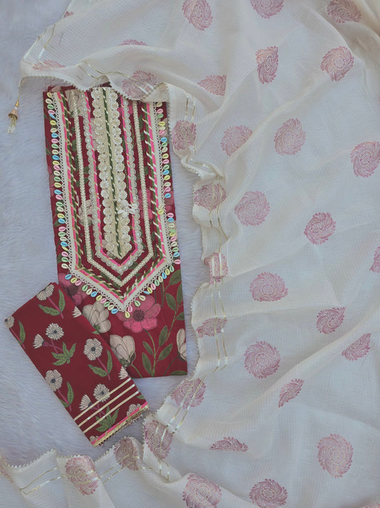 JAIPURI PRINTED GOTA LACE NECK WORK SUITS WITH KOTA DORIA DUPATTA