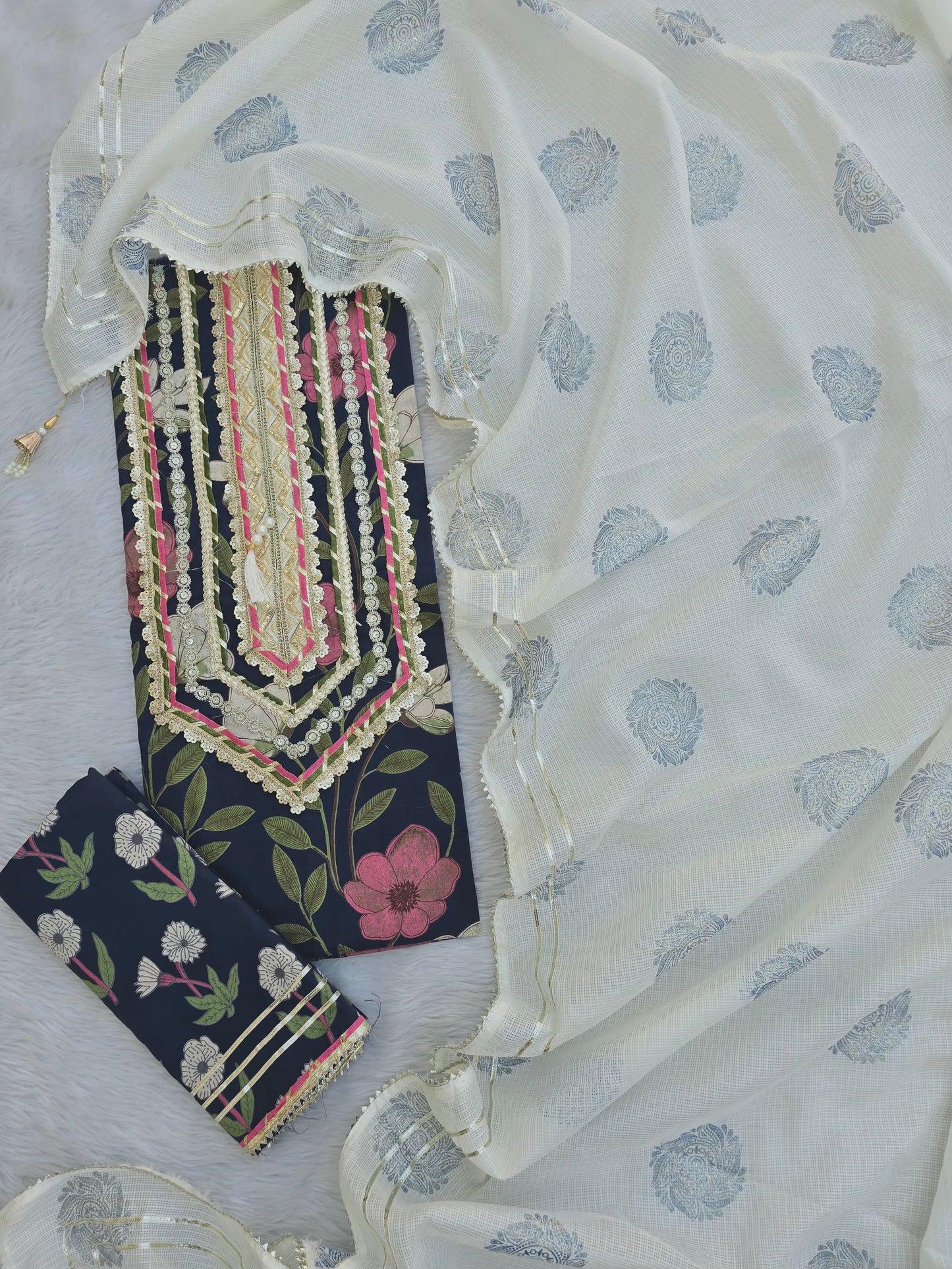 (SALE) JAIPURI PRINTED GOTA LACE NECK WORK SUITS WITH KOTA DORIA DUPATTA