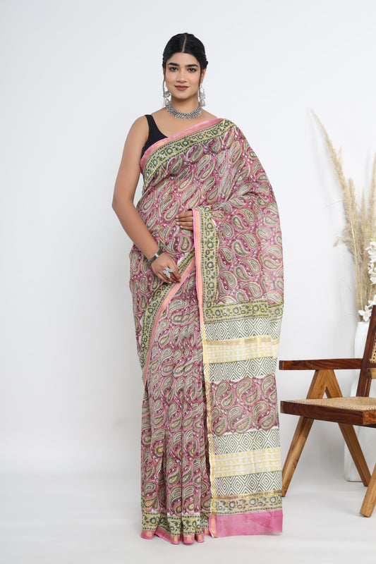 Chanderi Silk Hand Block Printed Saree with Blouse Piece