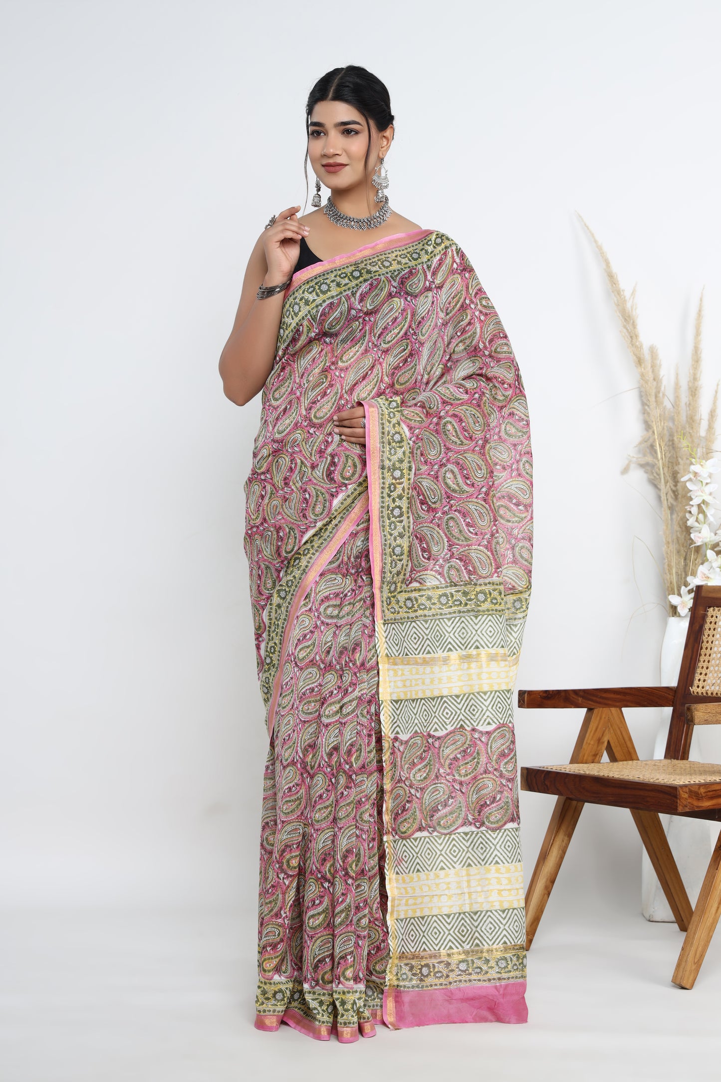 Chanderi Silk Hand Block Printed Saree with Blouse Piece