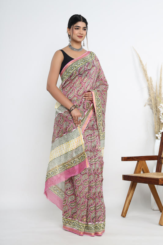 Chanderi Silk Hand Block Printed Saree with Blouse Piece