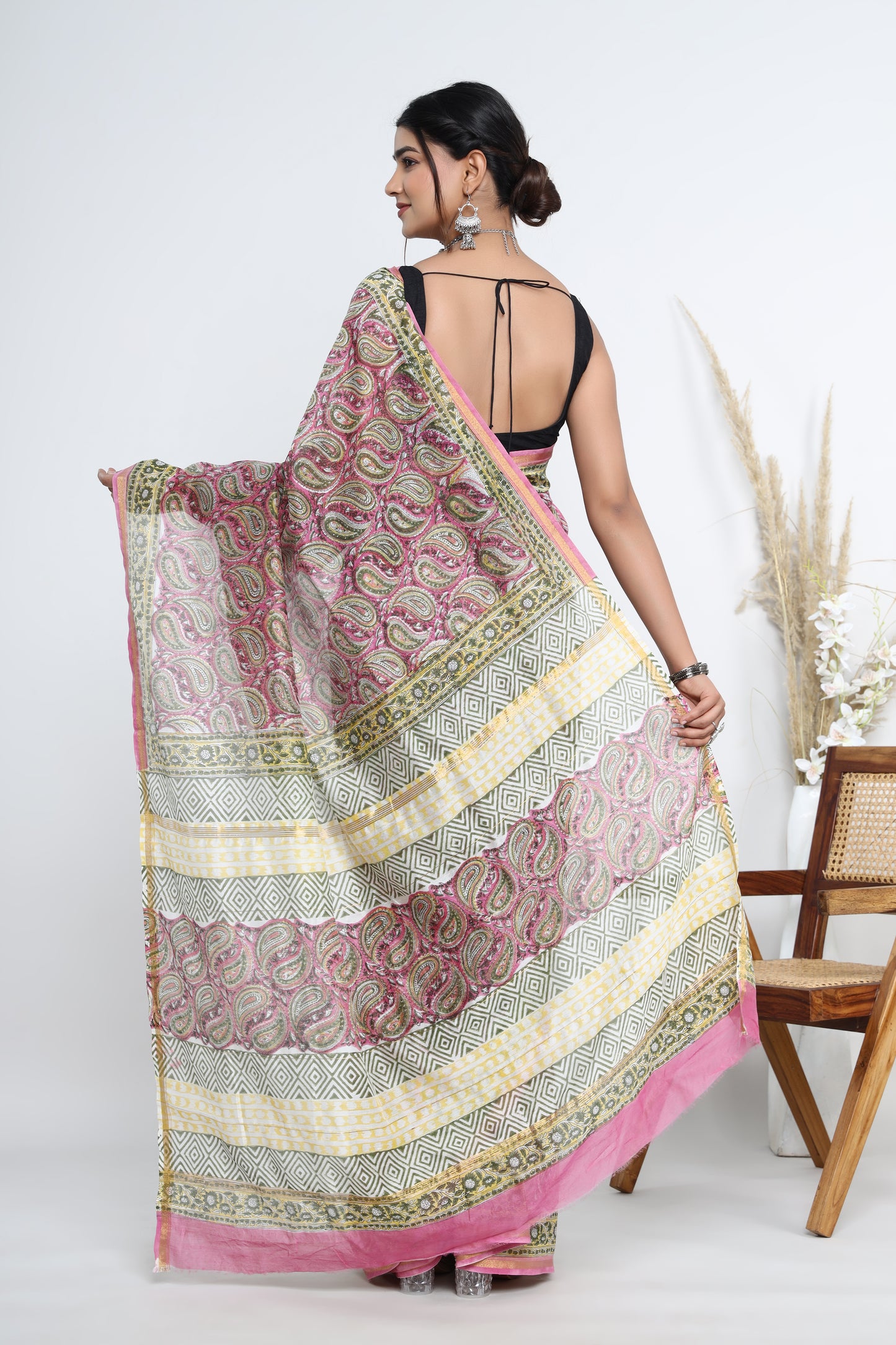 Chanderi Silk Hand Block Printed Saree with Blouse Piece