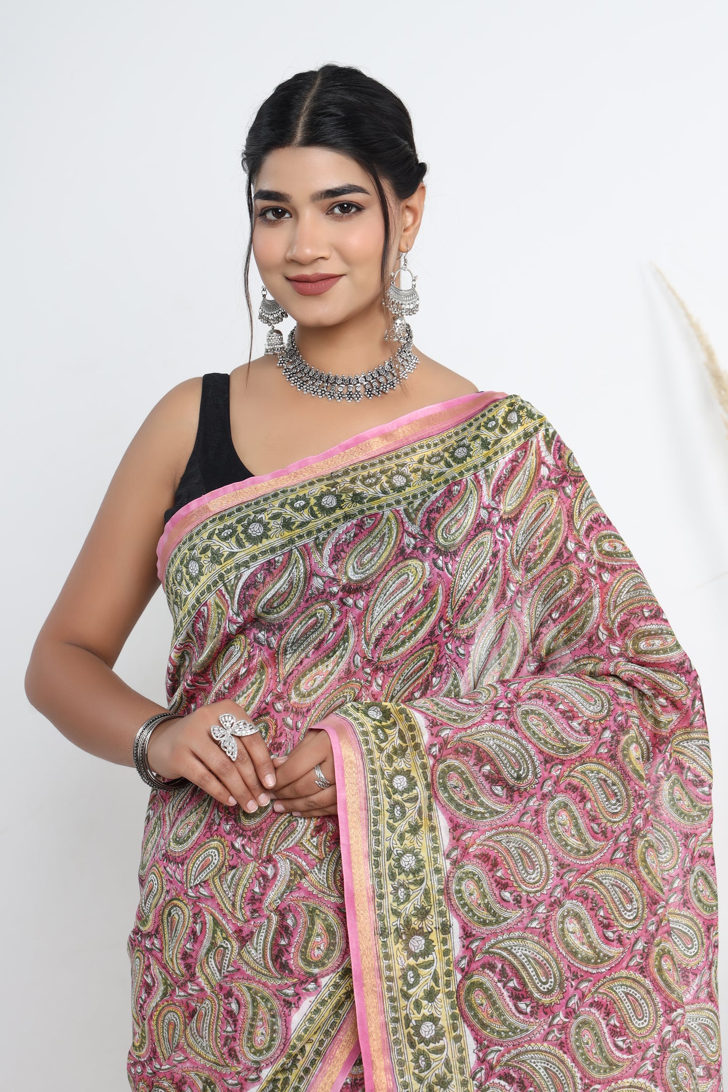 Chanderi Silk Hand Block Printed Saree with Blouse Piece