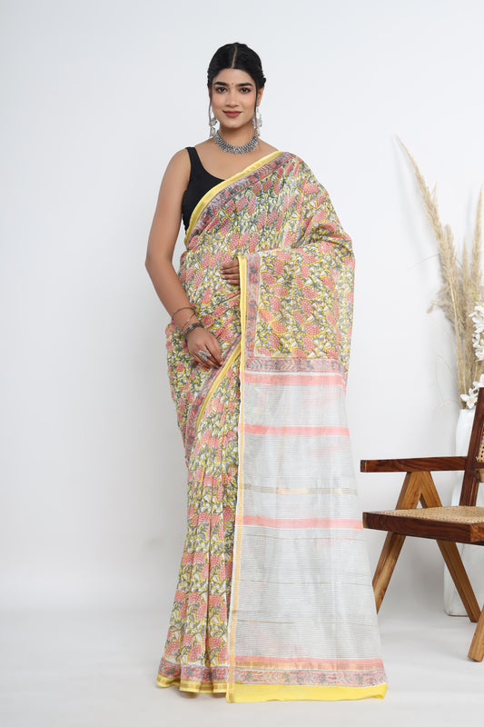Chanderi Silk Hand Block Printed Saree with Blouse Piece