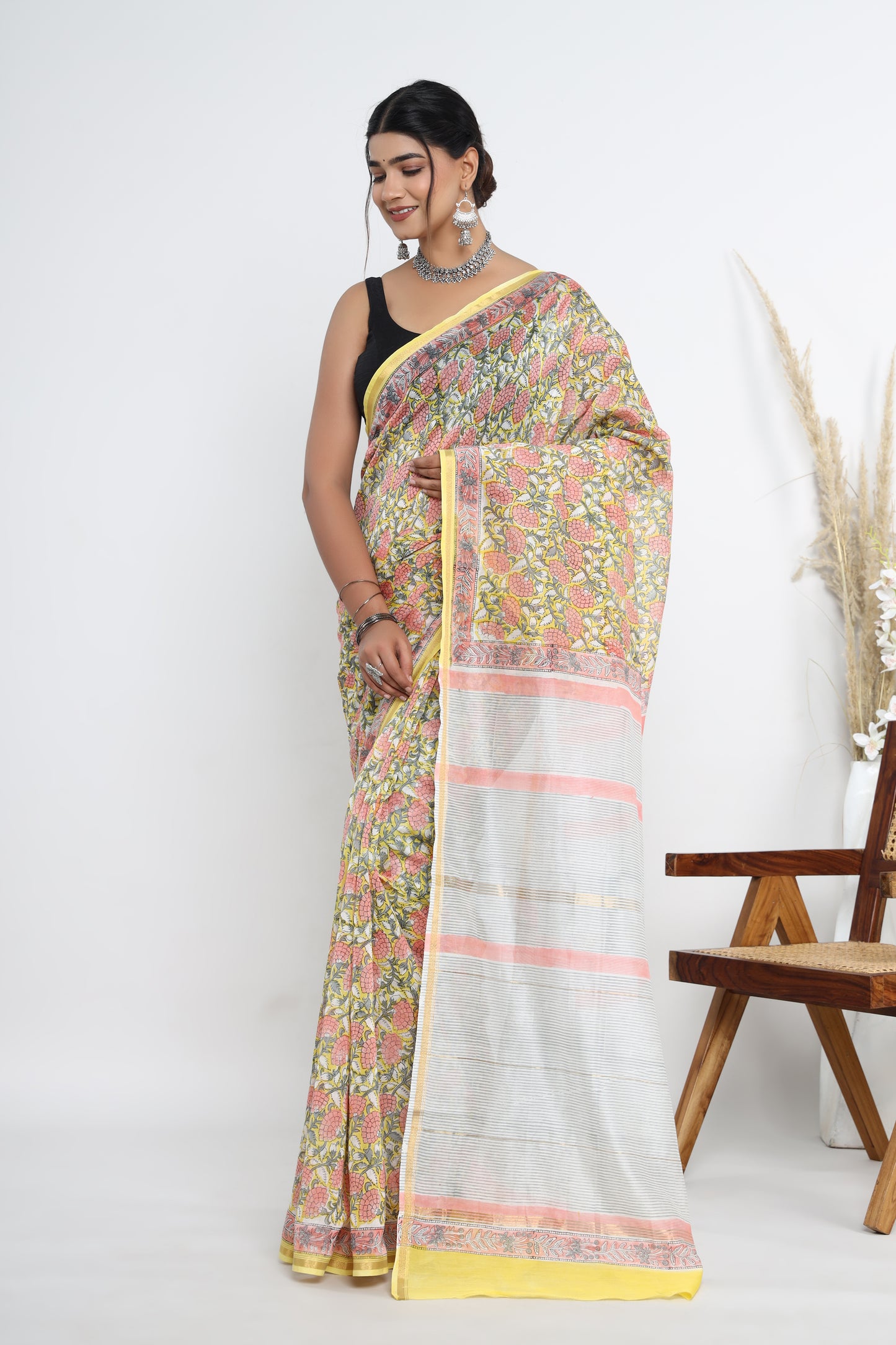 Chanderi Silk Hand Block Printed Saree with Blouse Piece