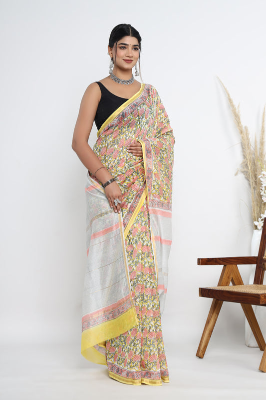 Chanderi Silk Hand Block Printed Saree with Blouse Piece