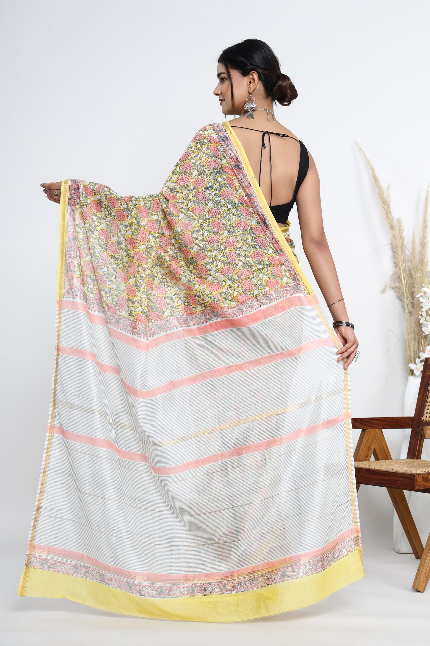 Chanderi Silk Hand Block Printed Saree with Blouse Piece