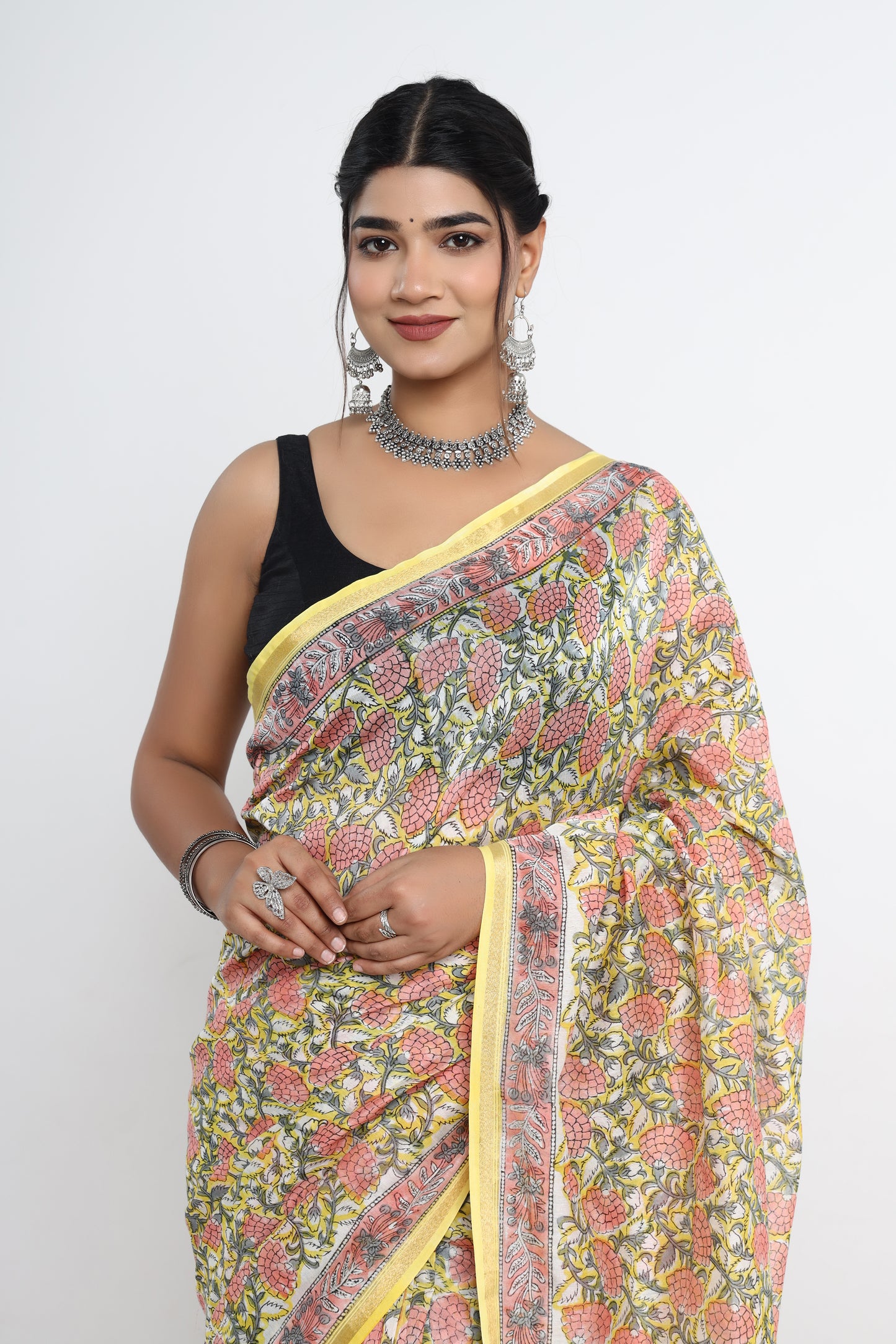 Chanderi Silk Hand Block Printed Saree with Blouse Piece