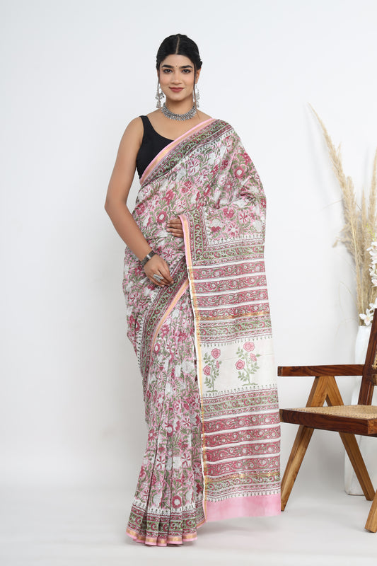 Chanderi Silk Hand Block Printed Saree with Blouse Piece