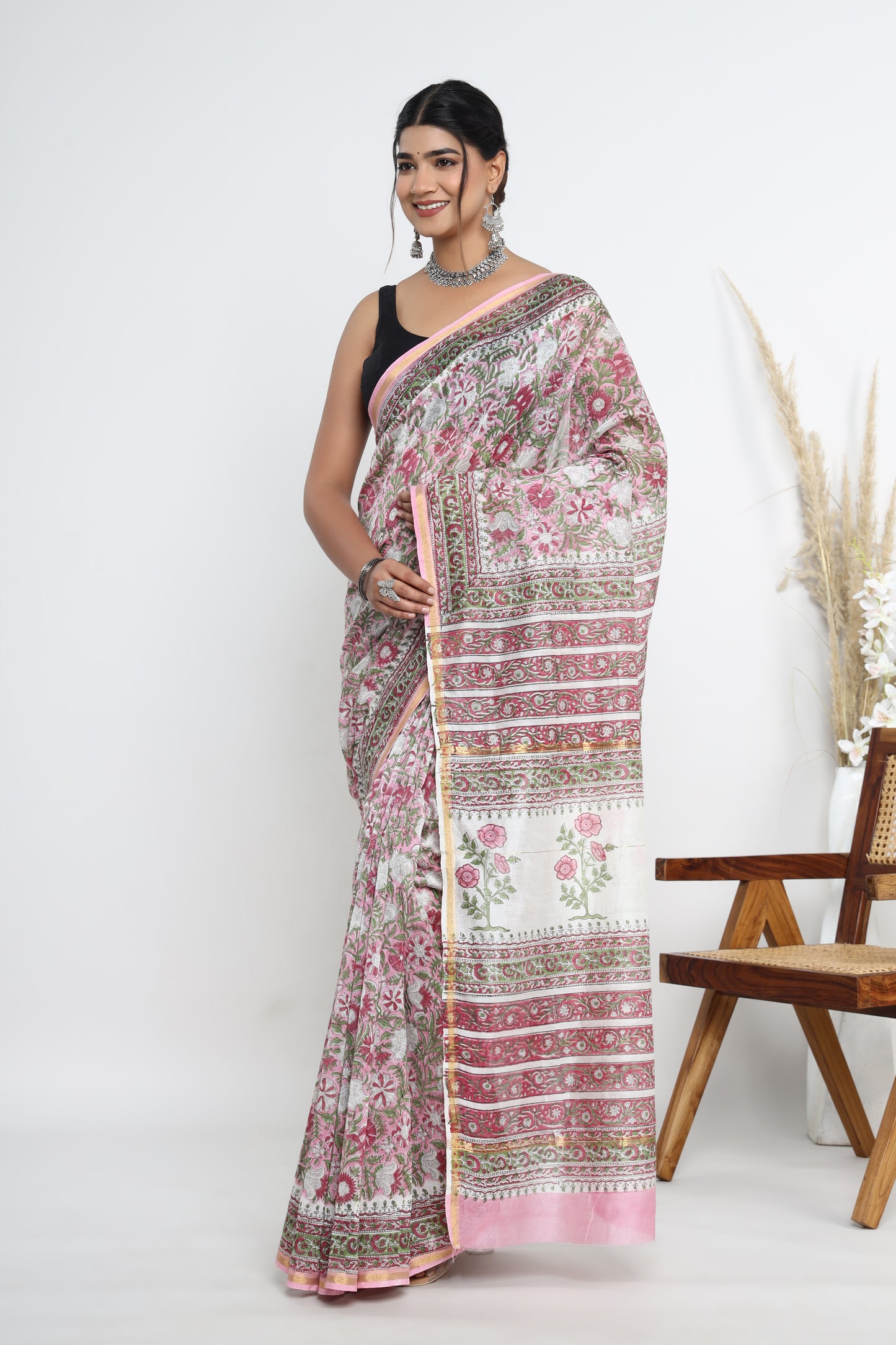 Chanderi Silk Hand Block Printed Saree with Blouse Piece