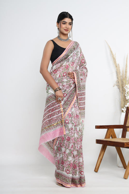 Chanderi Silk Hand Block Printed Saree with Blouse Piece