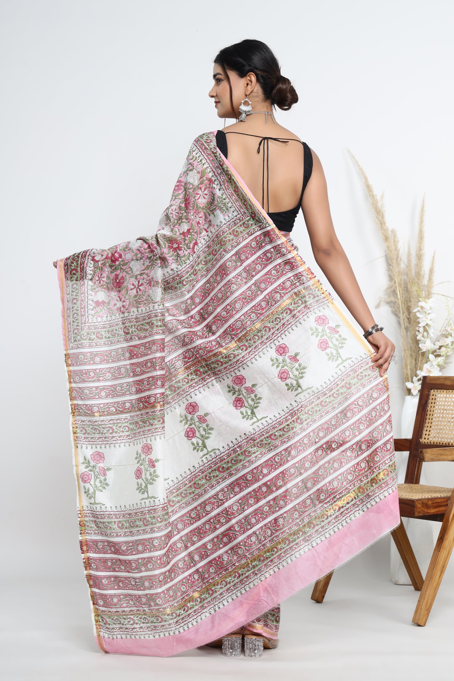 Chanderi Silk Hand Block Printed Saree with Blouse Piece