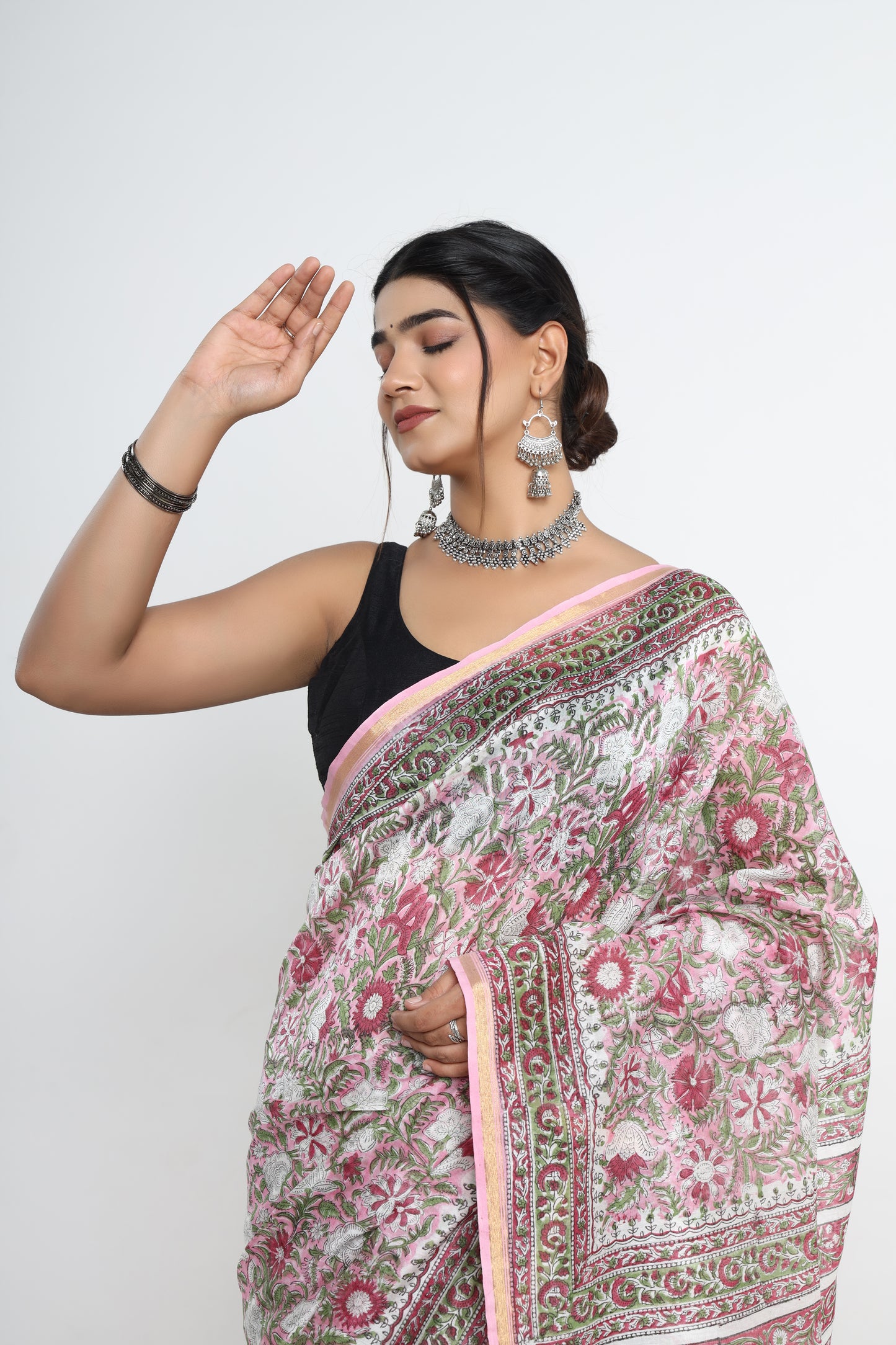 Chanderi Silk Hand Block Printed Saree with Blouse Piece