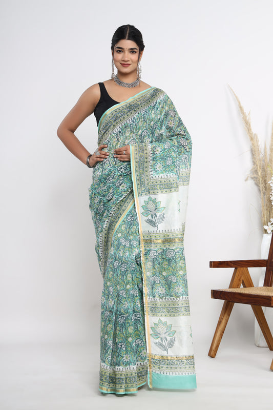 Chanderi Silk Hand Block Printed Saree with Blouse Piece