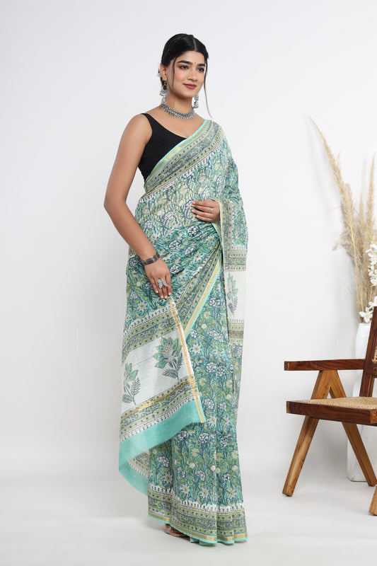 Chanderi Silk Hand Block Printed Saree with Blouse Piece