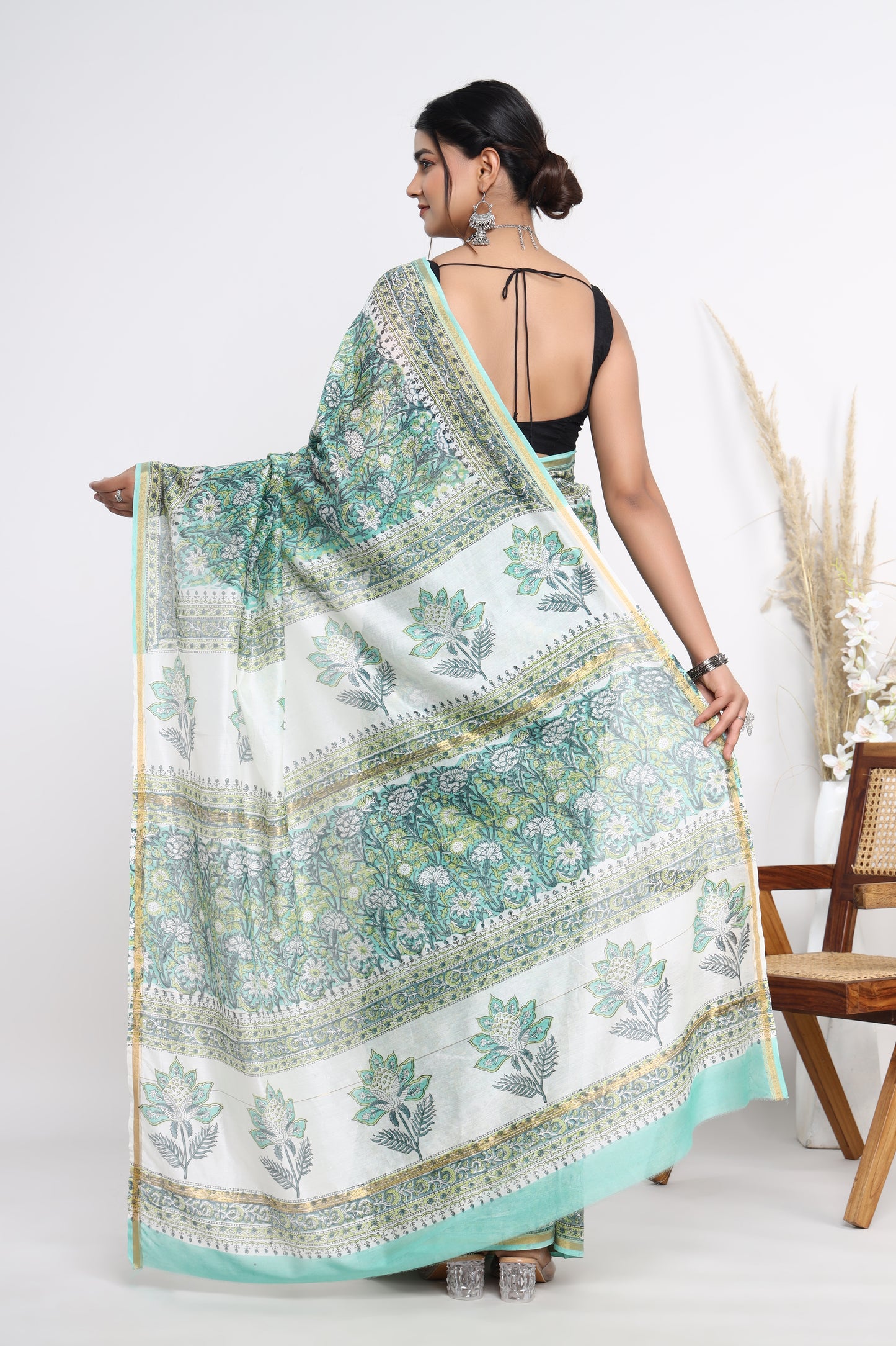 Chanderi Silk Hand Block Printed Saree with Blouse Piece