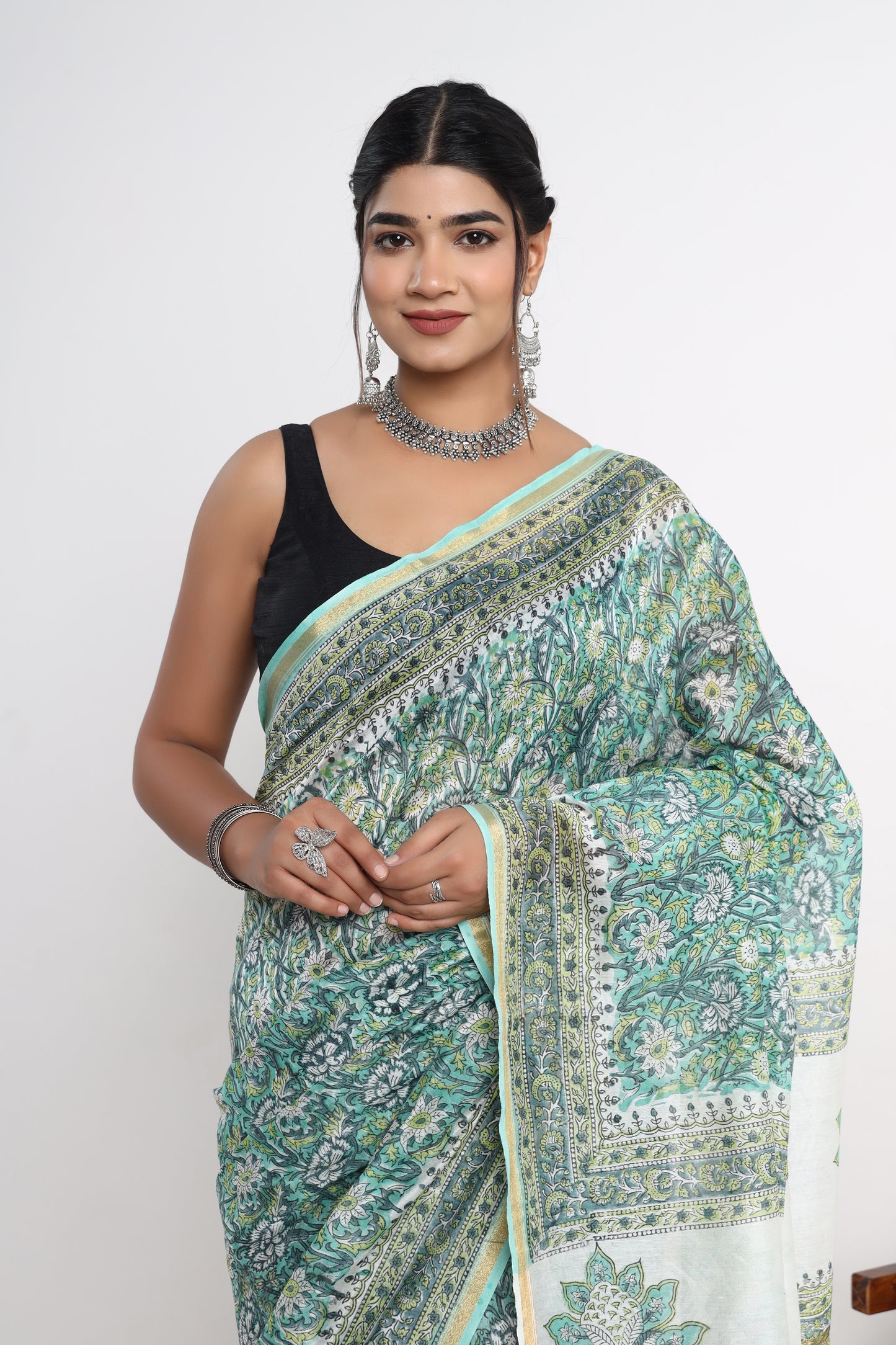 Chanderi Silk Hand Block Printed Saree with Blouse Piece