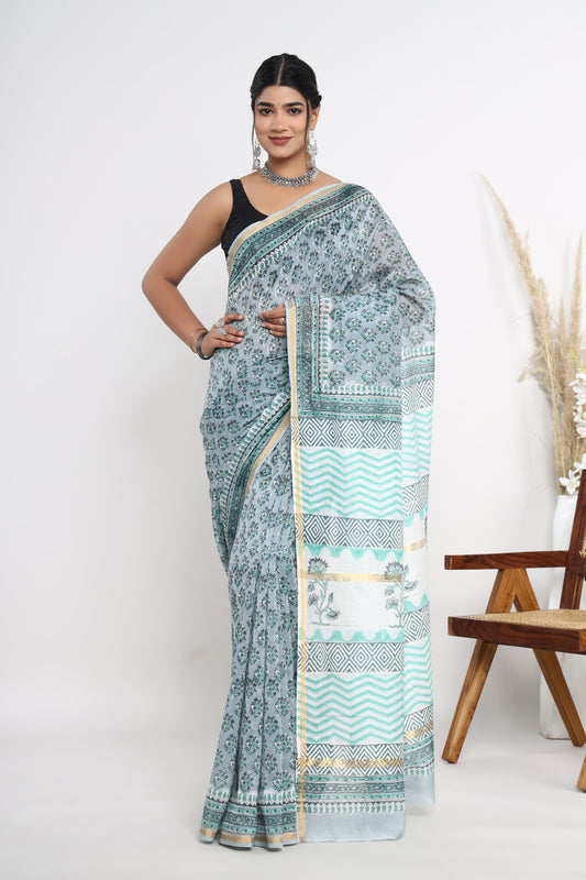 Chanderi Silk Hand Block Printed Saree with Blouse Piece