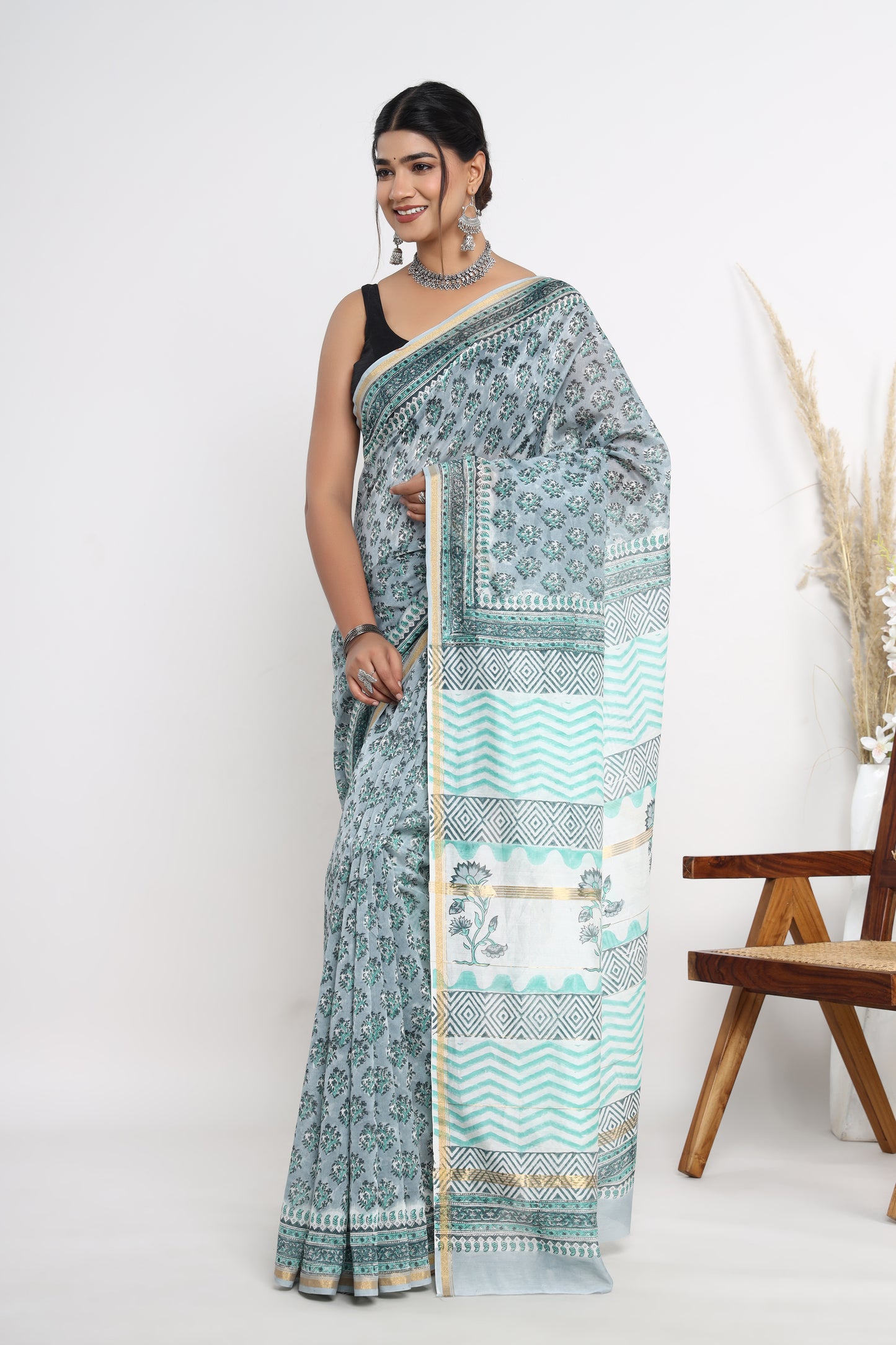Chanderi Silk Hand Block Printed Saree with Blouse Piece