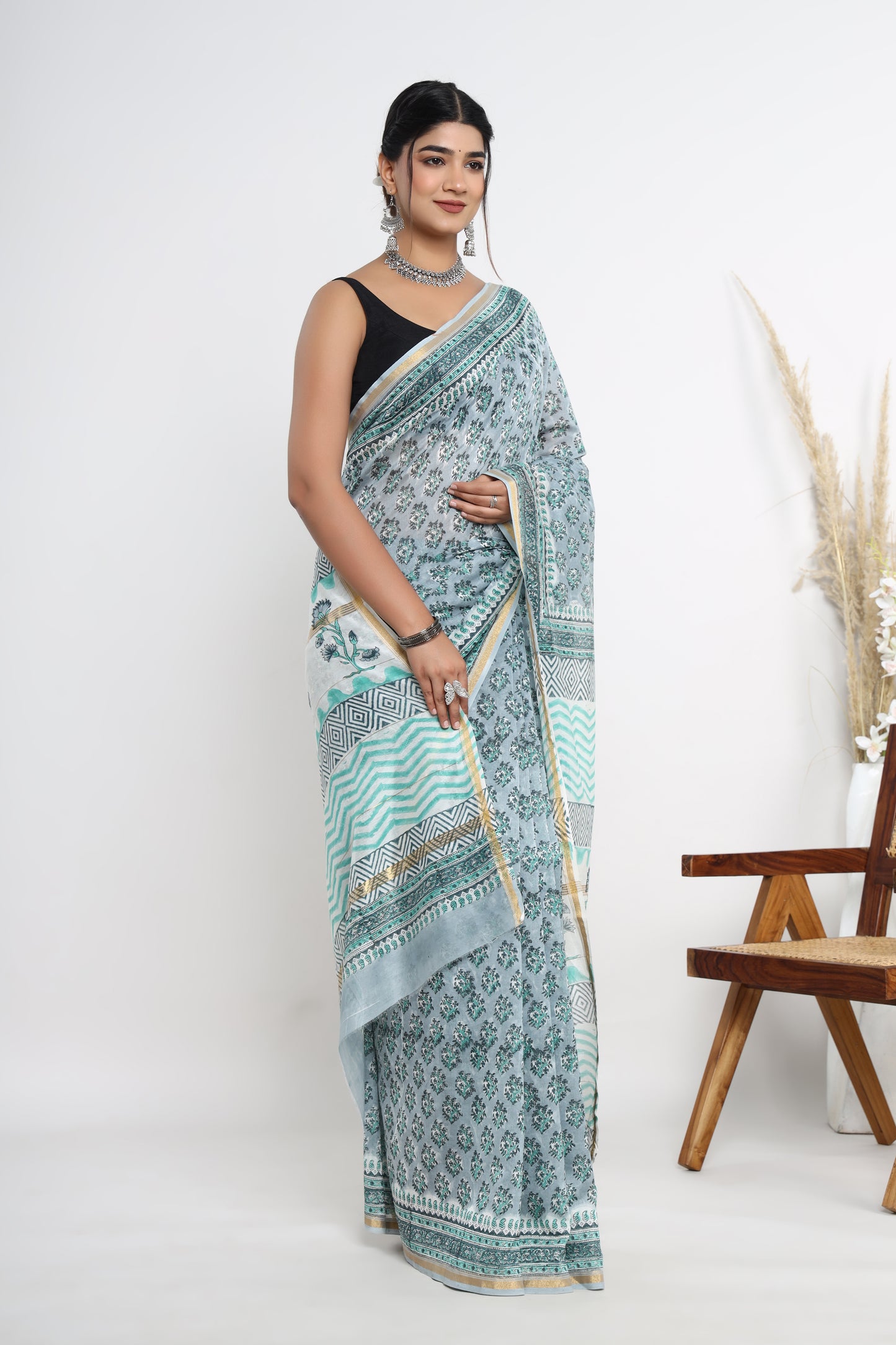 Chanderi Silk Hand Block Printed Saree with Blouse Piece
