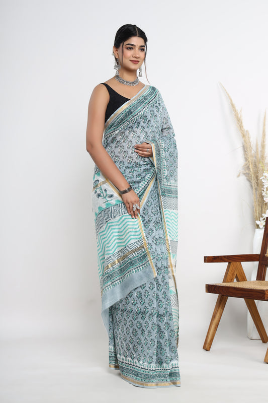 Chanderi Silk Hand Block Printed Saree with Blouse Piece