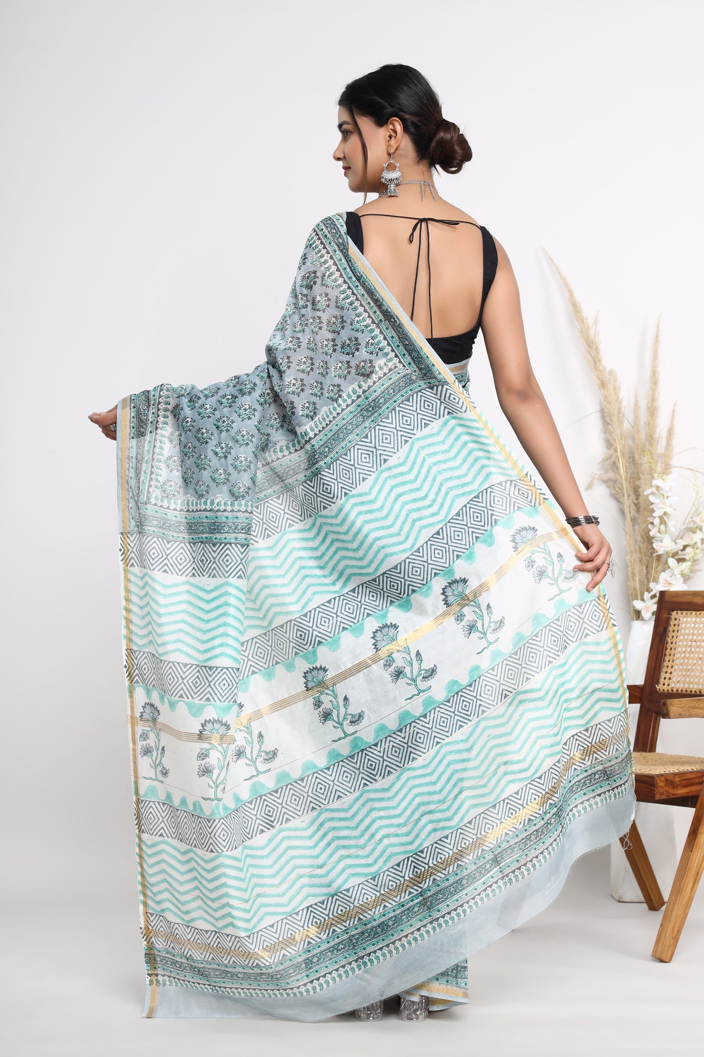 Chanderi Silk Hand Block Printed Saree with Blouse Piece