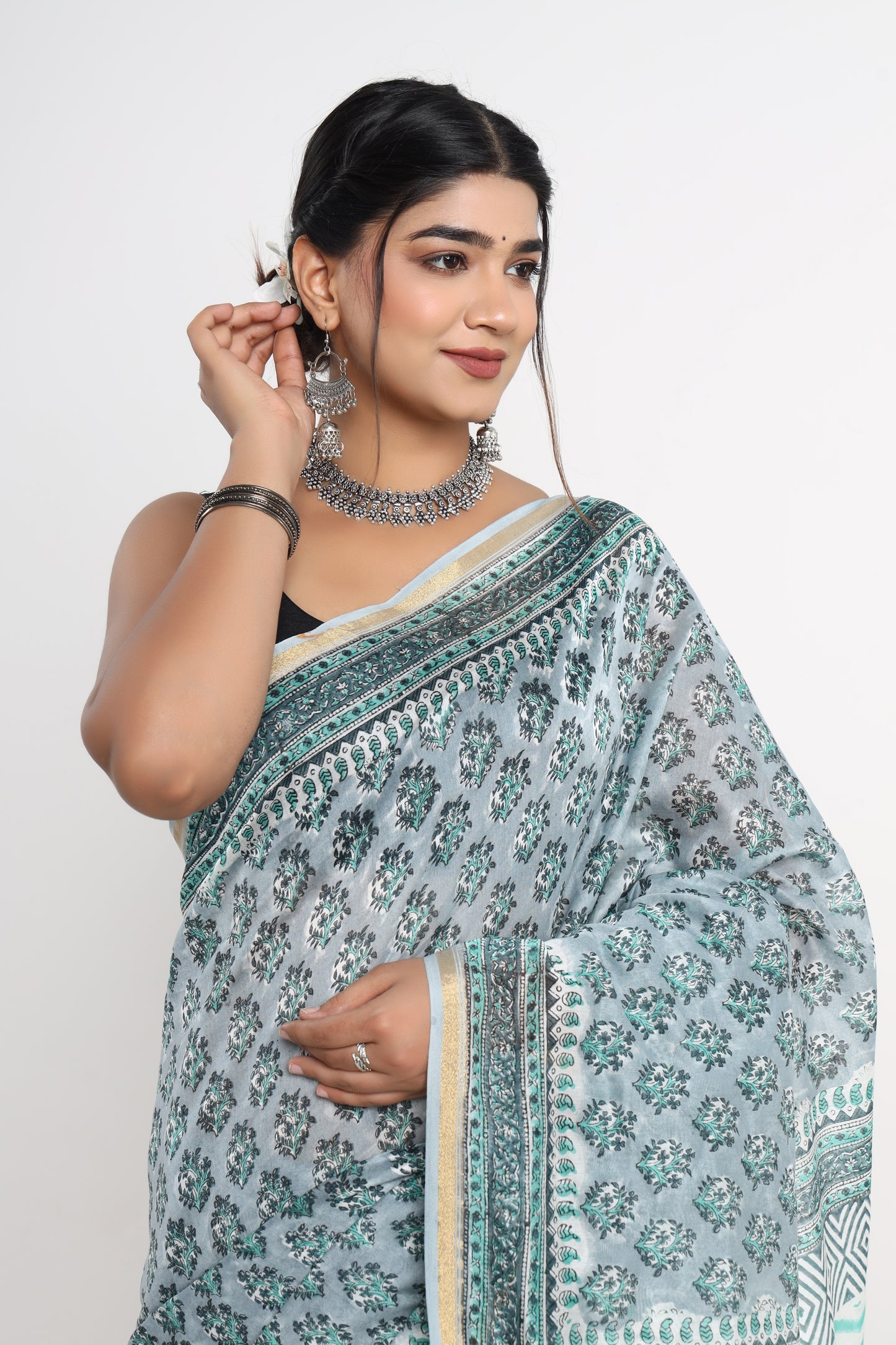 Chanderi Silk Hand Block Printed Saree with Blouse Piece