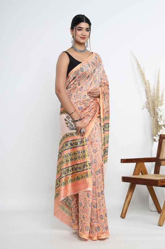 Chanderi Silk Hand Block Printed Saree with Blouse Piece