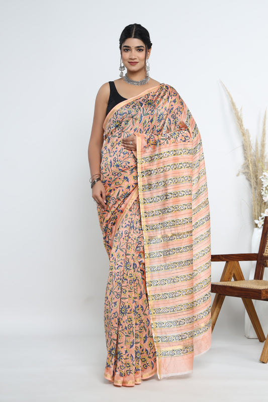 Chanderi Silk Hand Block Printed Saree with Blouse Piece