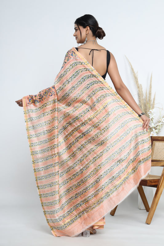 Chanderi Silk Hand Block Printed Saree with Blouse Piece