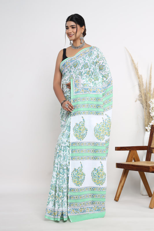 Hand Block Printed Green Floral Cotton Mulmul Saree with Blouse Piece