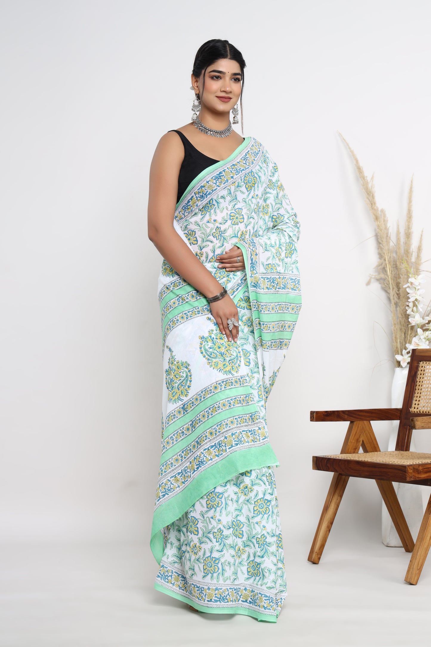 Hand Block Printed Green Floral Cotton Mulmul Saree with Blouse Piece