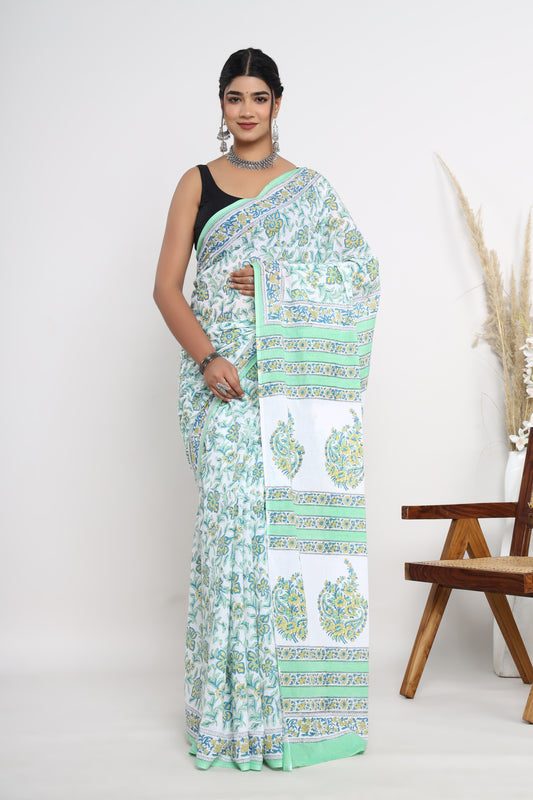 Hand Block Printed Green Floral Cotton Mulmul Saree with Blouse Piece