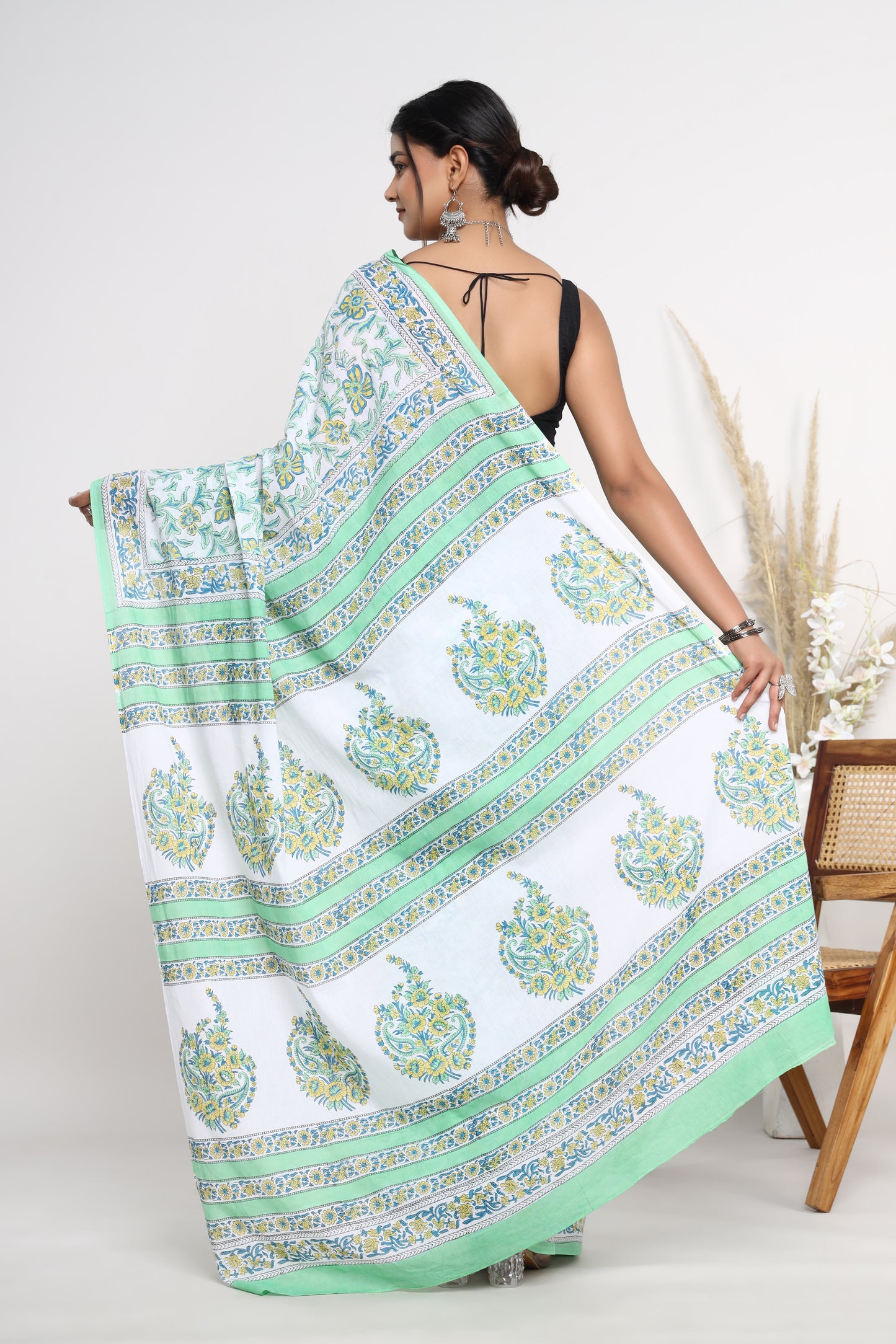 Hand Block Printed Green Floral Cotton Mulmul Saree with Blouse Piece
