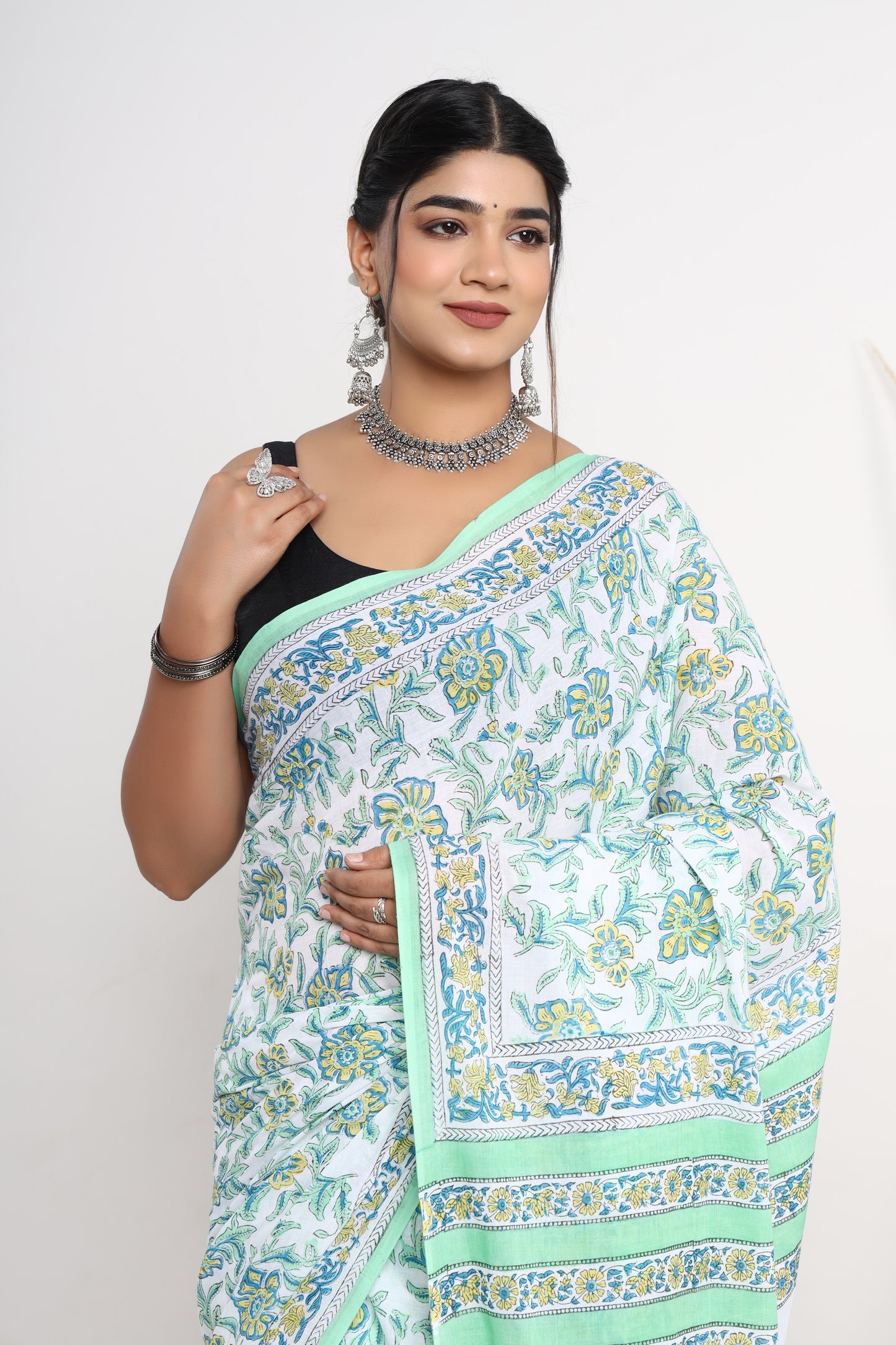 Hand Block Printed Green Floral Cotton Mulmul Saree with Blouse Piece