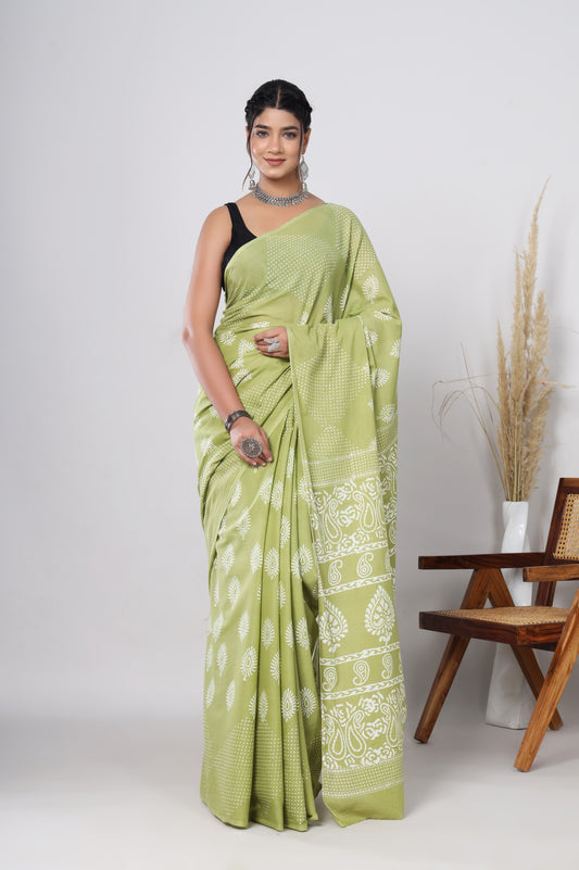 Hand Block Printed Green Floral Cotton Mulmul Saree with Blouse Piece