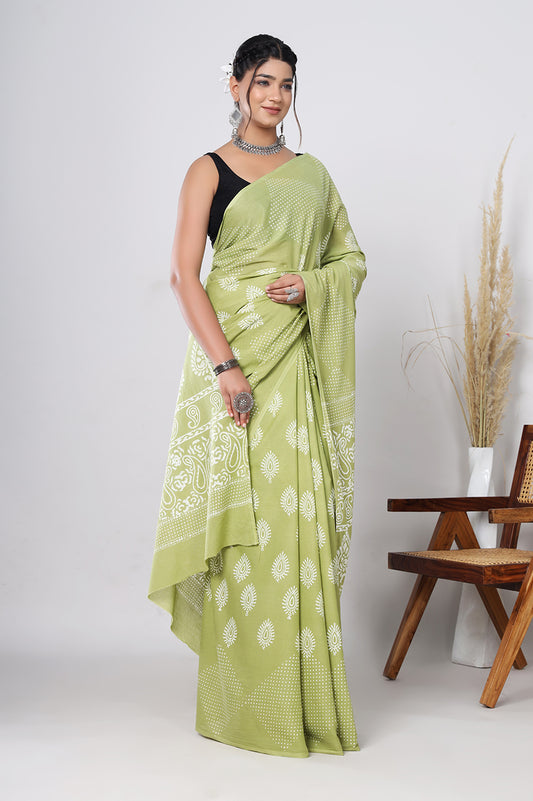 Hand Block Printed Green Floral Cotton Mulmul Saree with Blouse Piece