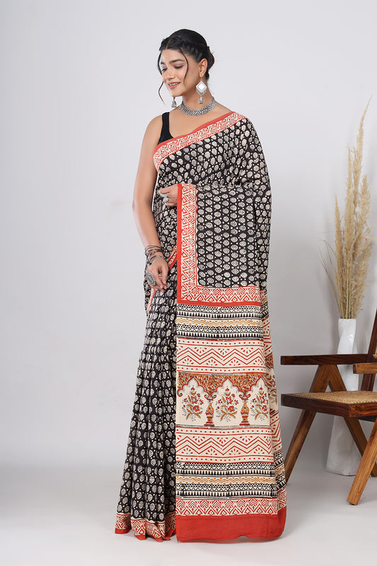 Hand Block Printed Green Floral Cotton Mulmul Saree with Blouse Piece