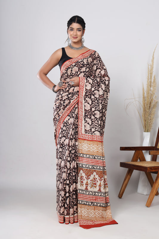 Hand Block Printed Green Floral Cotton Mulmul Saree with Blouse Piece