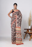 Hand Block Printed Green Floral Cotton Mulmul Saree with Blouse Piece